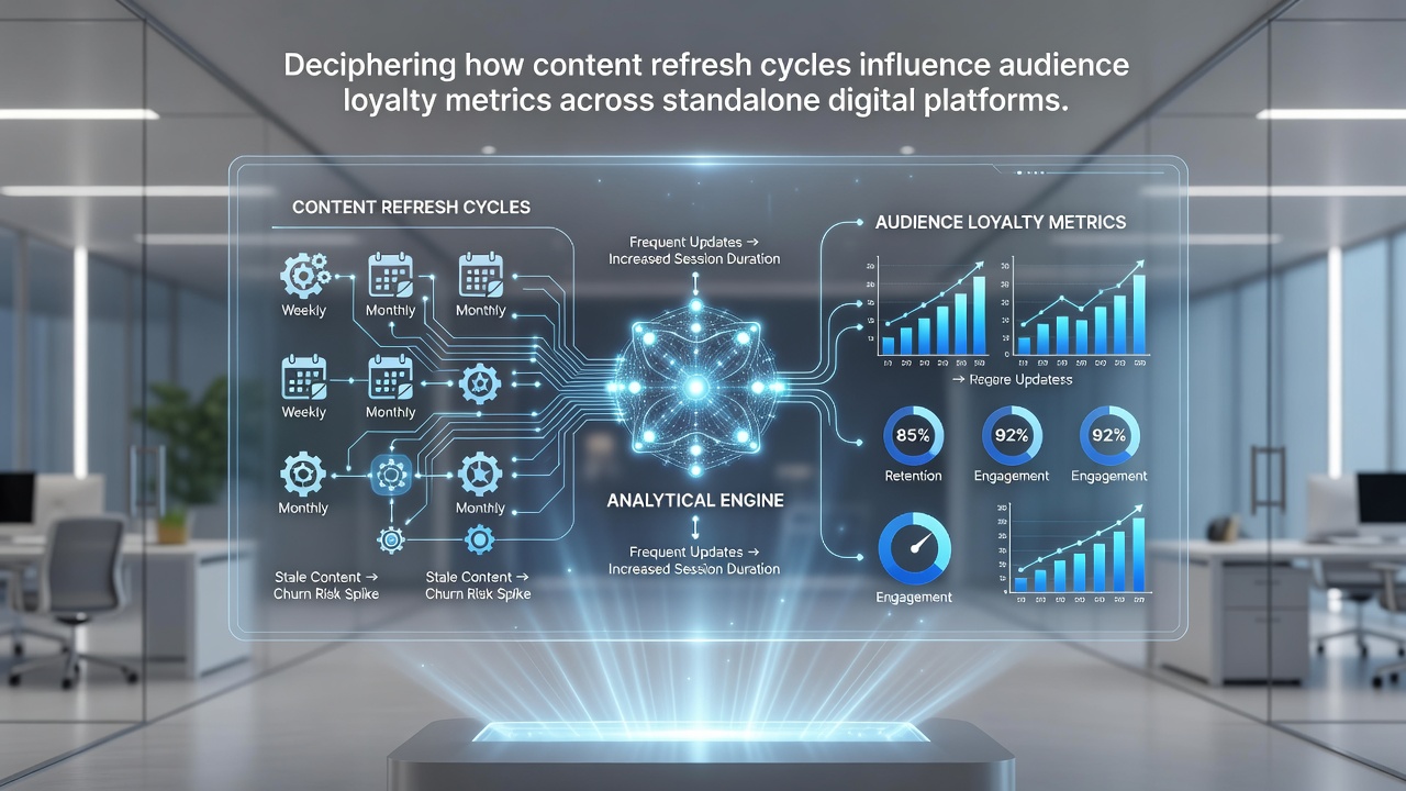 Charts displaying loyalty metric shifts tied to different content update frequencies on independent sites